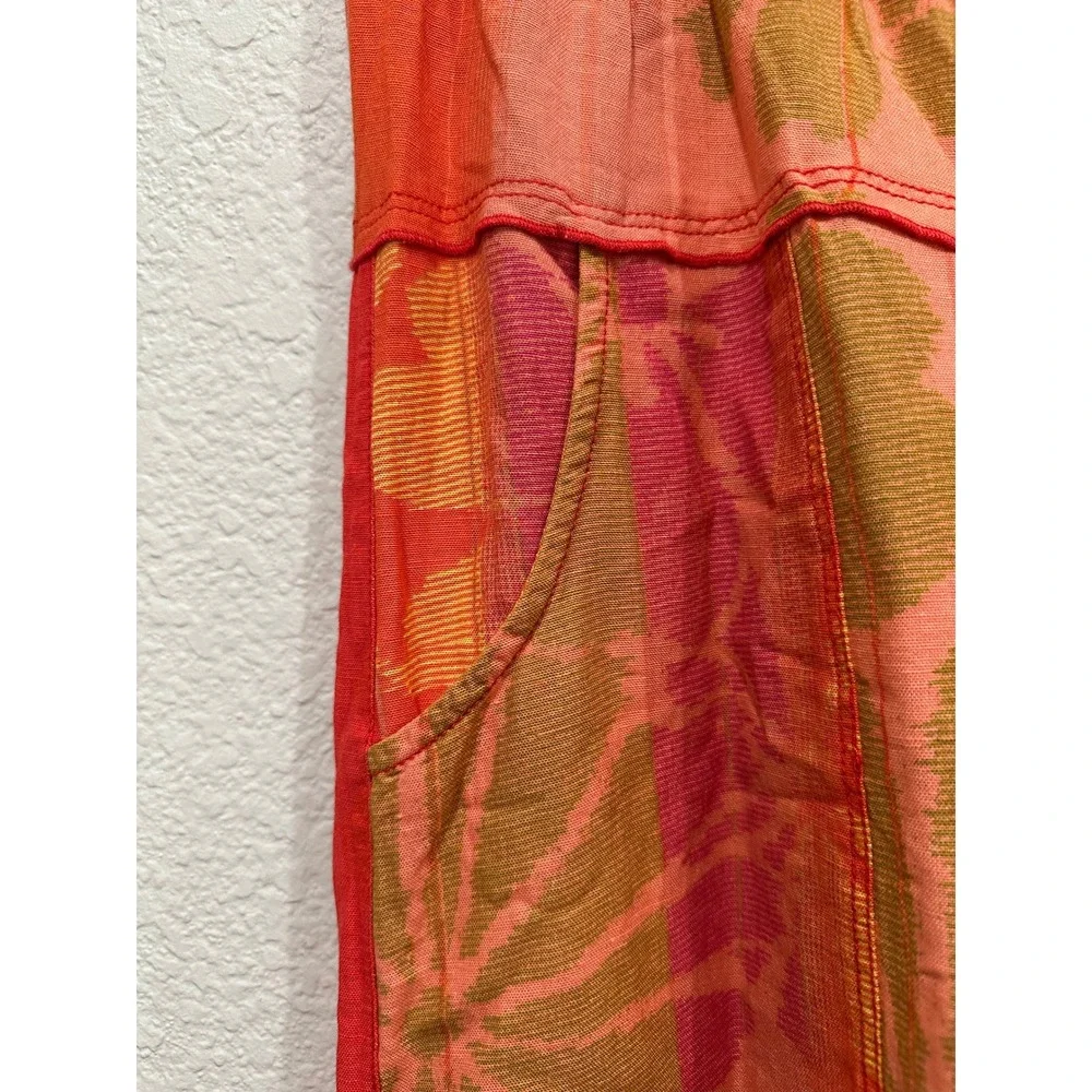 Free People Sunset Floral Wide Leg Pants Orange Red Cotton Linen Blend Medium